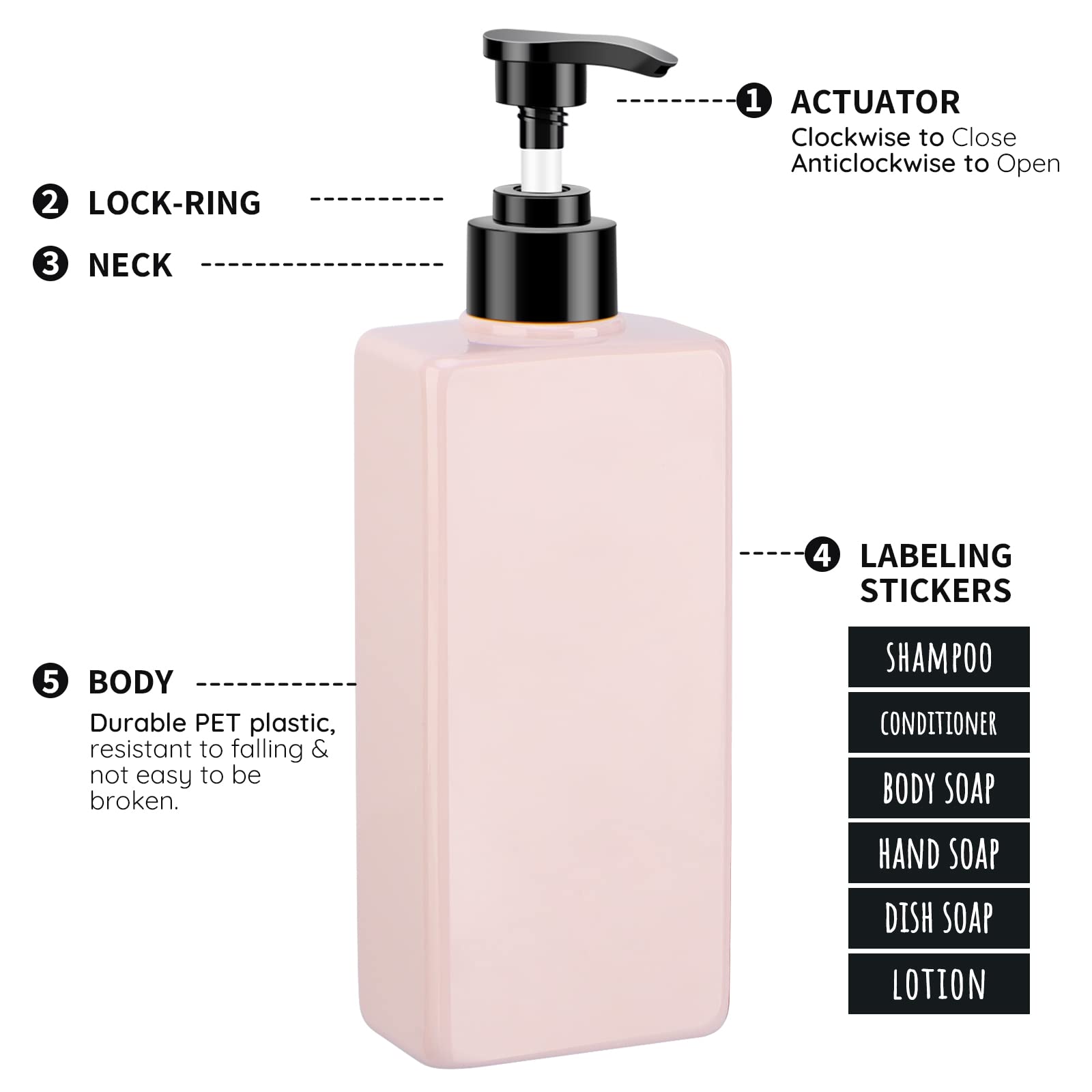 Segbeauty Soap Dispenser Bottle, 3Pcs 13.5Oz Refillable Pump Shower Bottle With Labels, 400Ml Empty Plastic Press Lotion Dispens